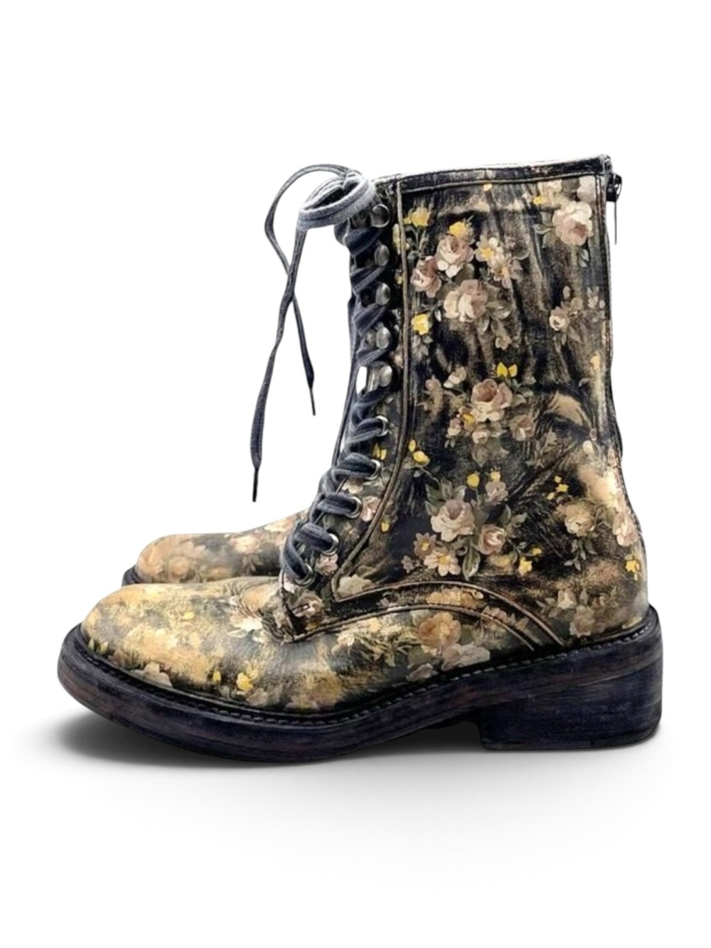 Free People Santa Fe Black Floral Leather Lace-Up Combat Boot Sz US 8 EU 38 NWT